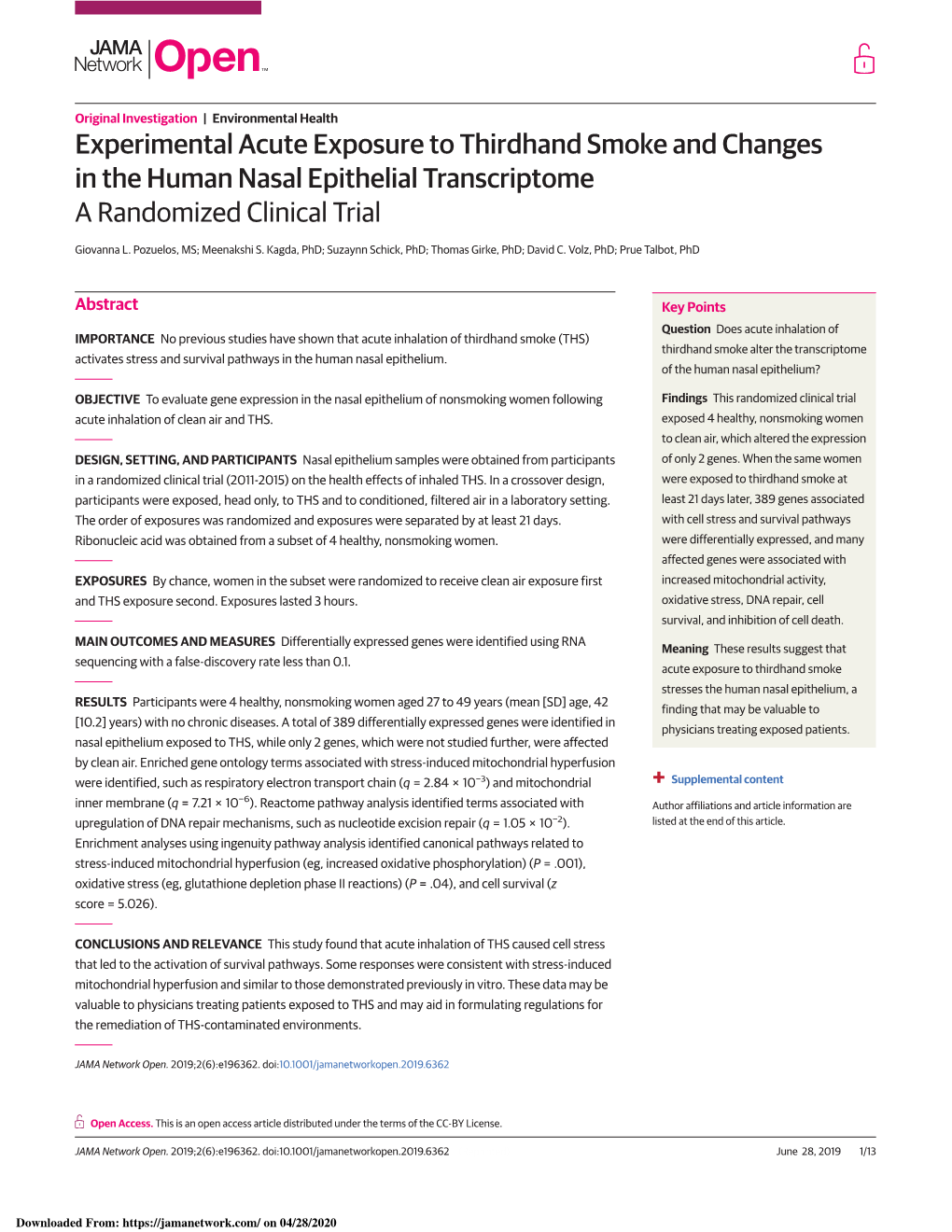 Experimental Acute Exposure to Thirdhand Smoke and Changes in the Human Nasal Epithelial Transcriptome a Randomized Clinical Trial