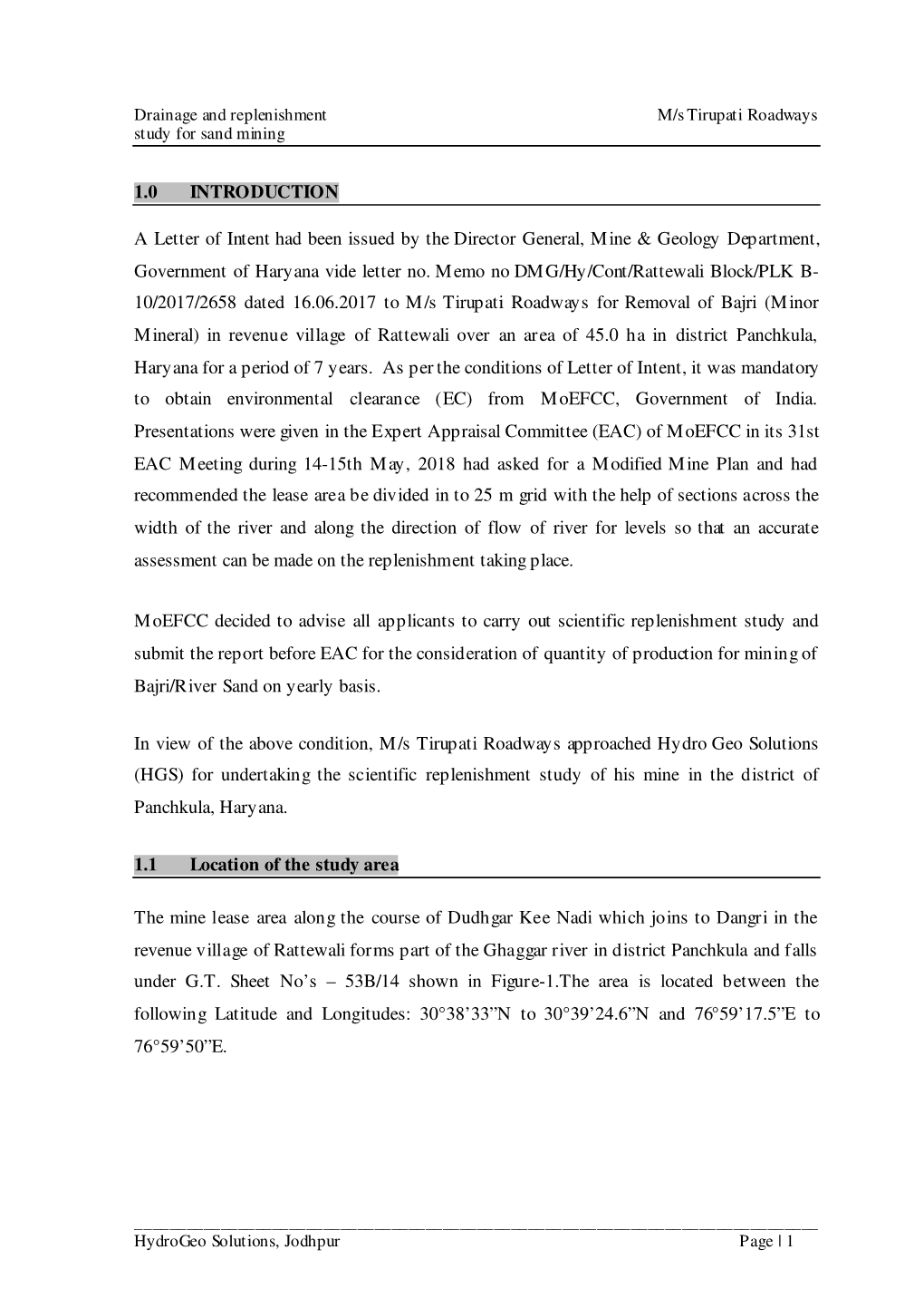 Drainage and Replenishment M/S Tirupati Roadways Study for Sand Mining