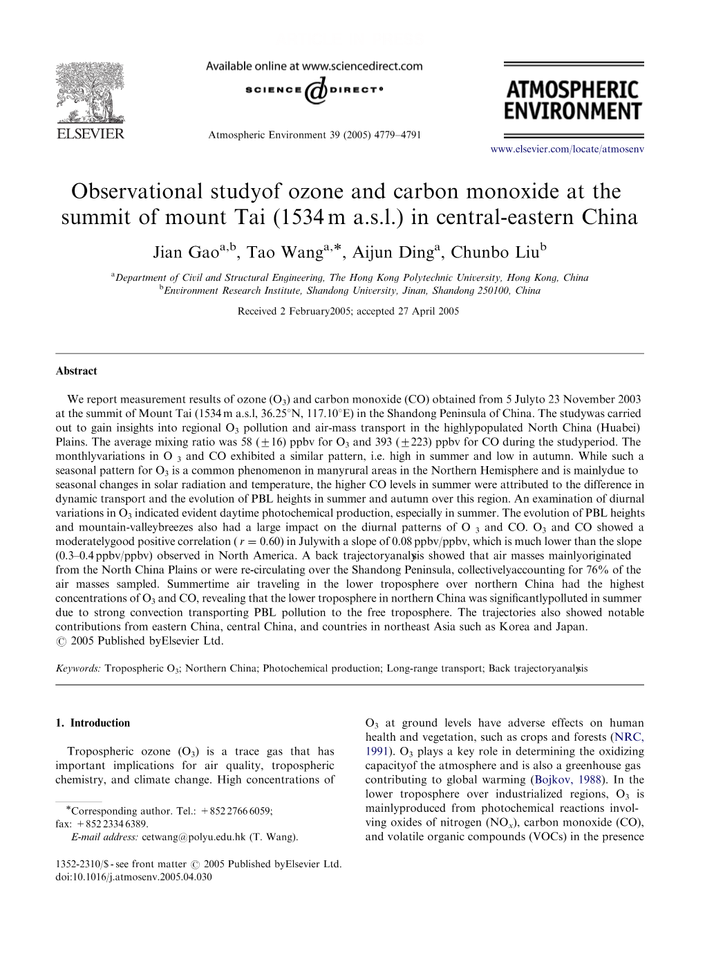 Observational Study of Ozone and Carbon Monoxide at the Summit Of