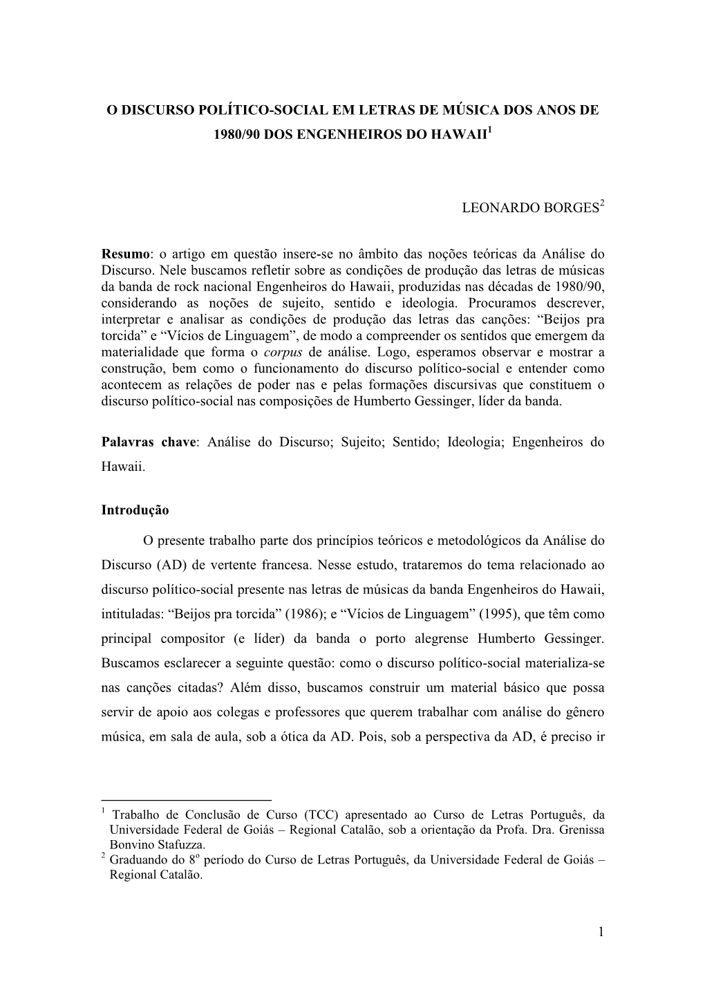 1 O Discurso Político-Social Em Letras De Música Dos