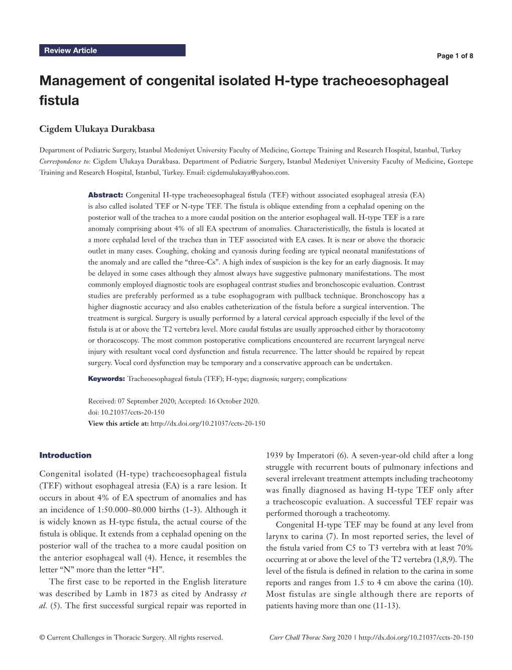 Management of Congenital Isolated H-Type Tracheoesophageal Fistula