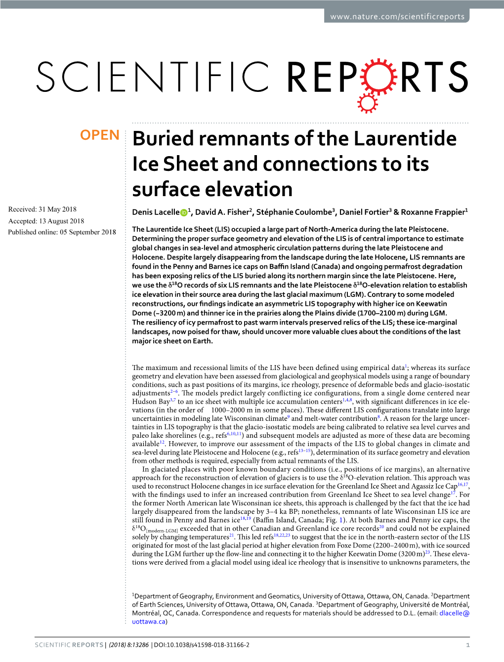 Buried Remnants of the Laurentide Ice Sheet and Connections to Its Surface Elevation Received: 31 May 2018 Denis Lacelle 1, David A