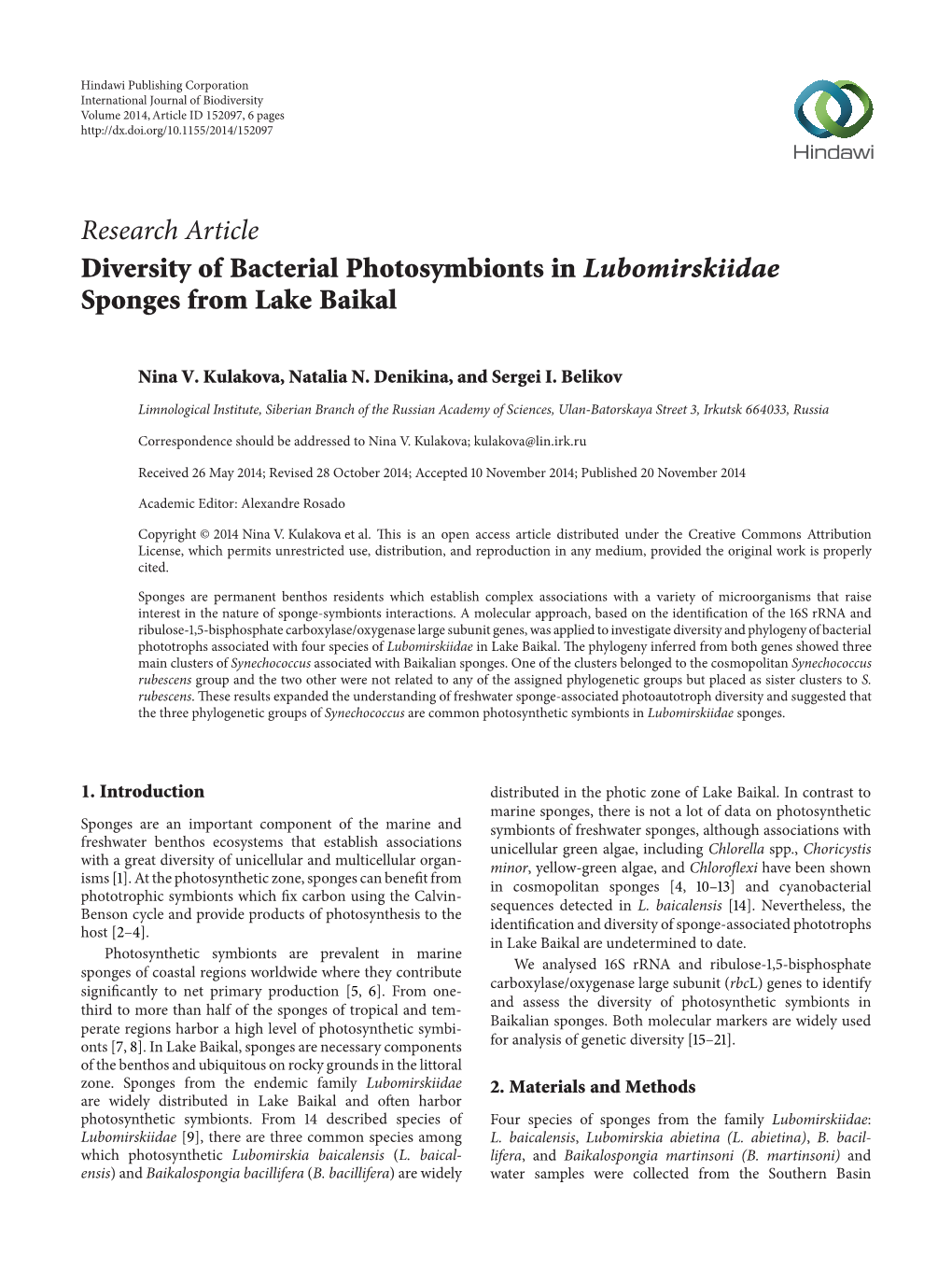 Diversity of Bacterial Photosymbionts in Lubomirskiidae Sponges from Lake Baikal