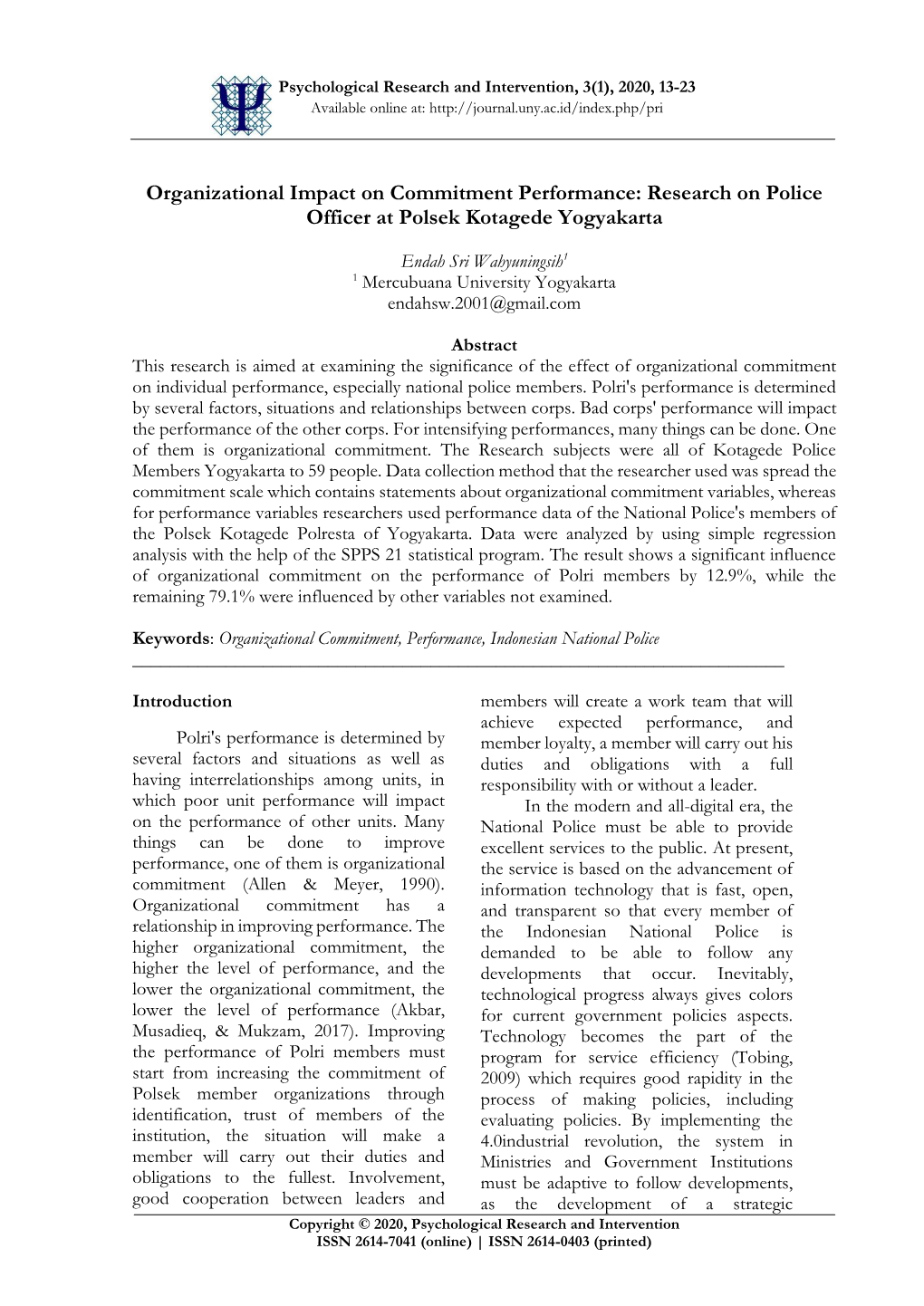 Organizational Impact on Commitment Performance: Research on Police Officer at Polsek Kotagede Yogyakarta