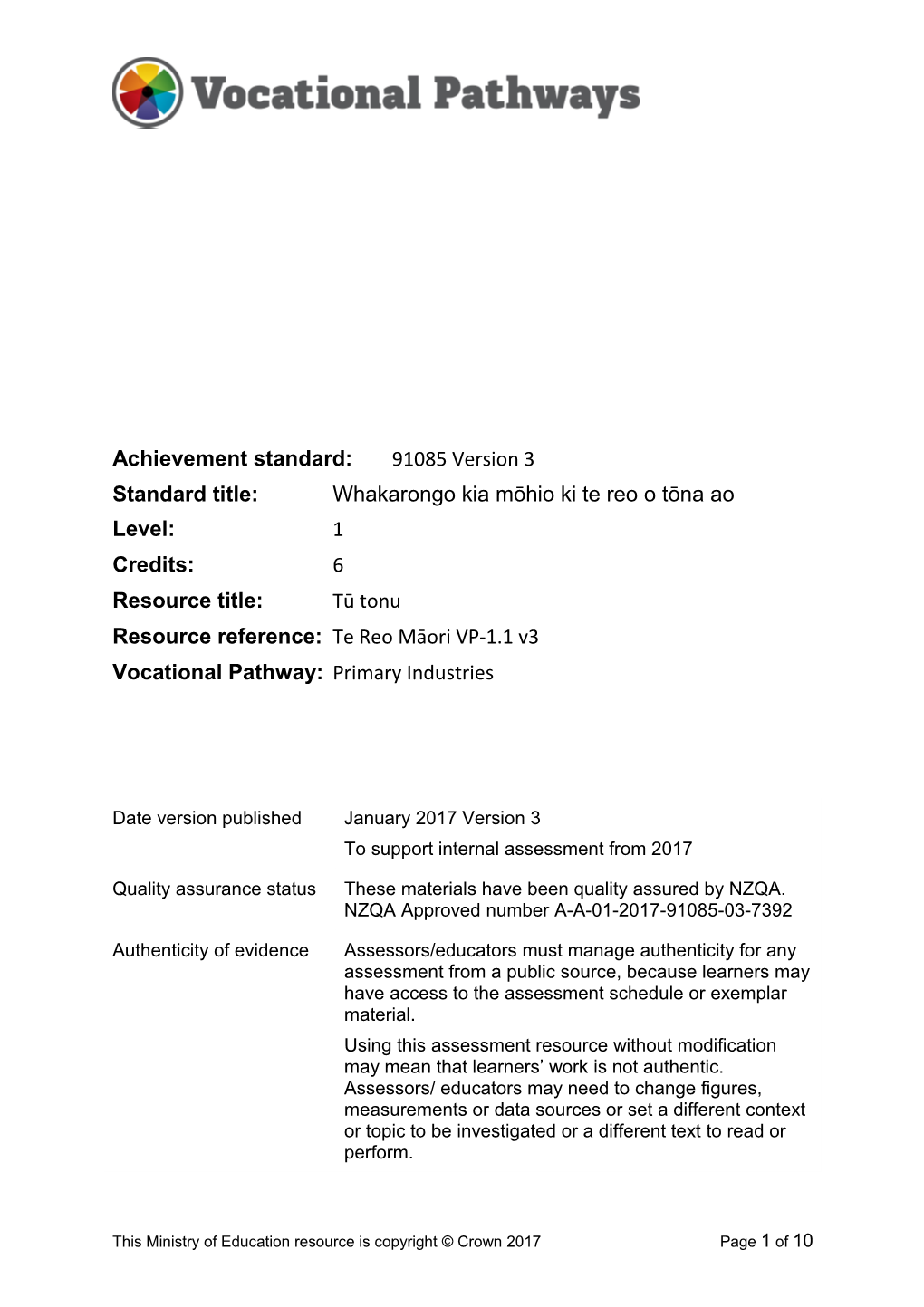 Vocational Pathways Internal Assessment Resource s6