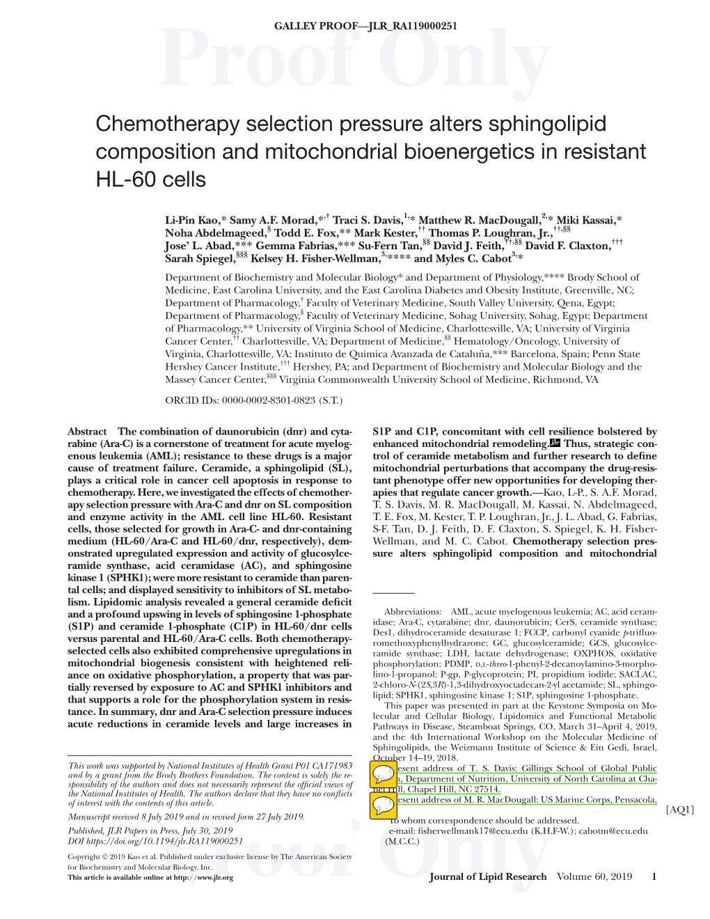 Chemotherapy Selection Pressure Alters Sphingolipid Composition and Mitochondrial Bioenergetics in Resistant HL-60 Cells