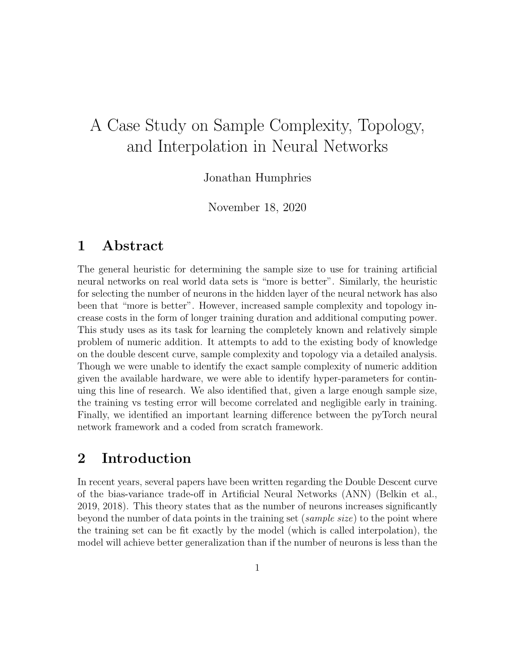 A Case Study on Sample Complexity, Topology, and Interpolation in Neural Networks