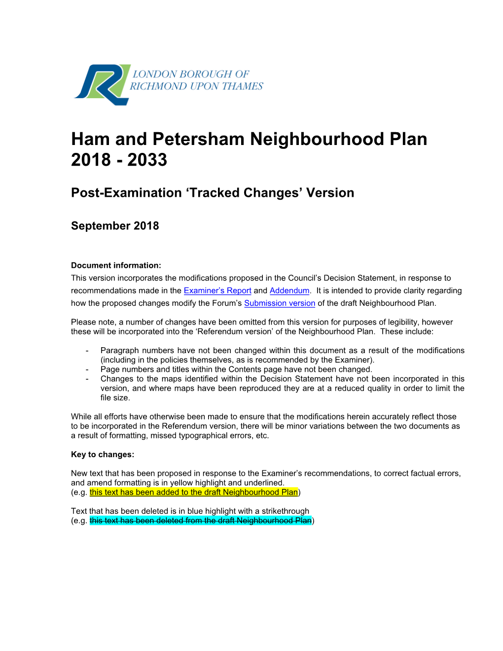 Ham and Petersham Neighbourhood Plan 2018 - 2033