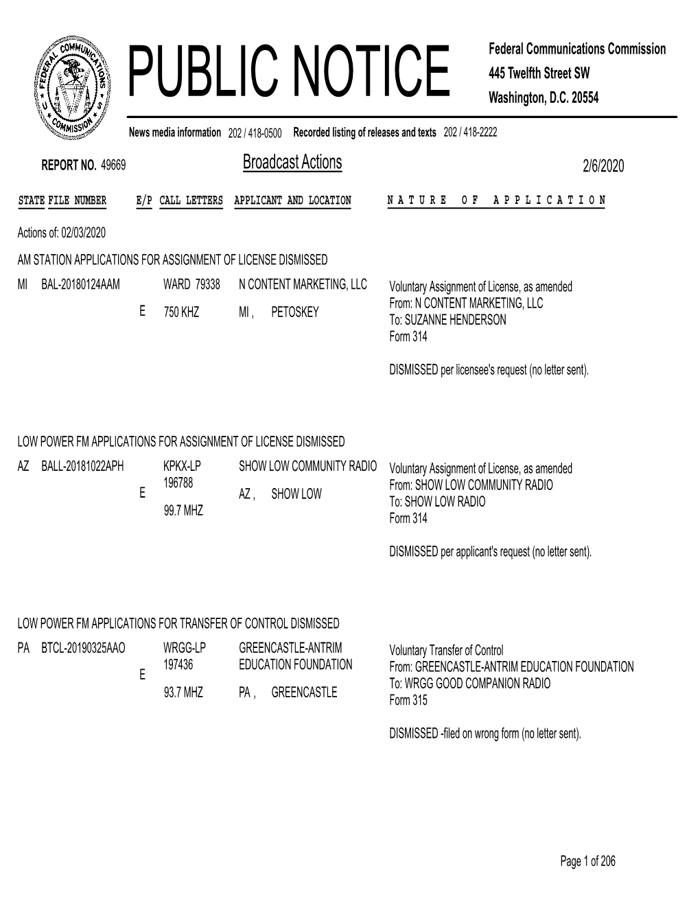 Broadcast Actions 2/6/2020