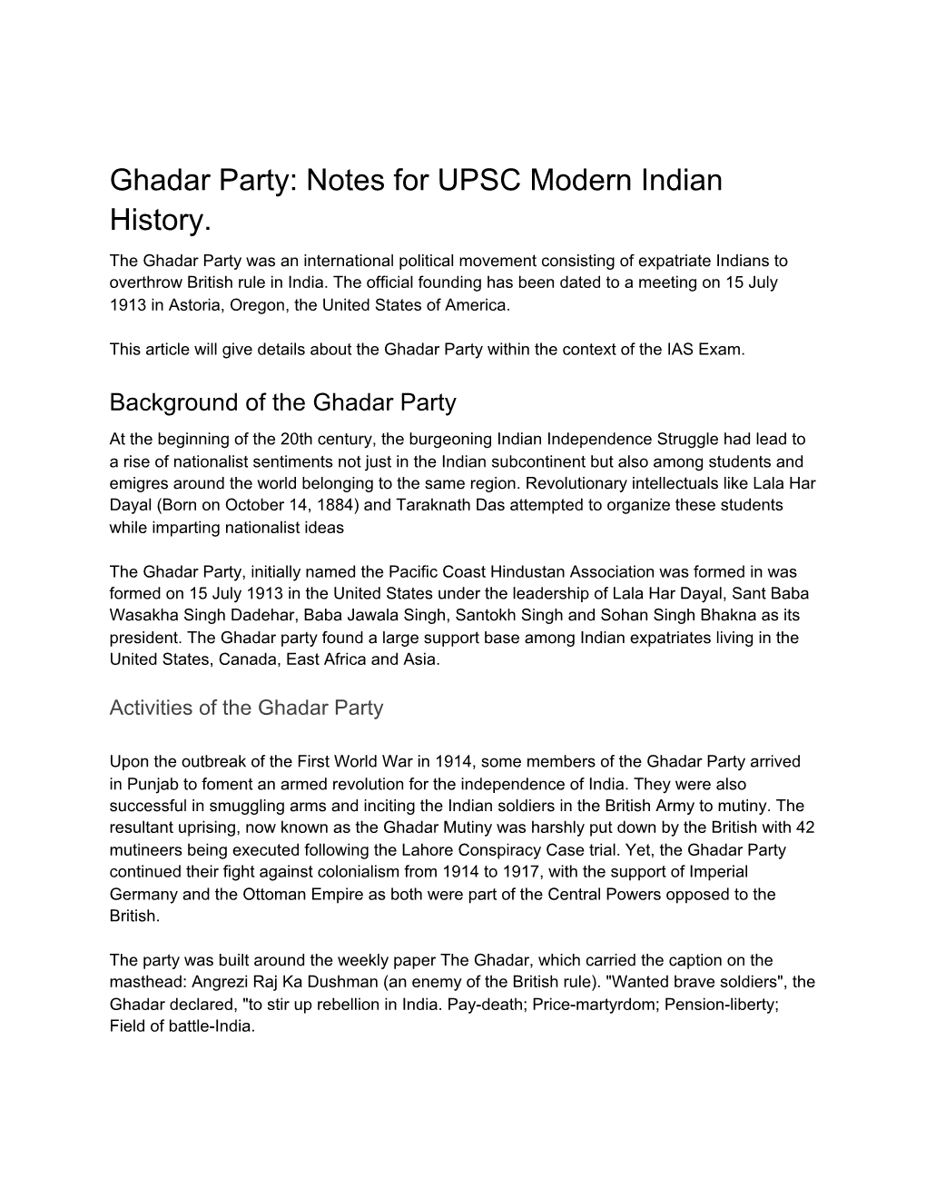 Ghadar Party: Notes for UPSC Modern Indian History