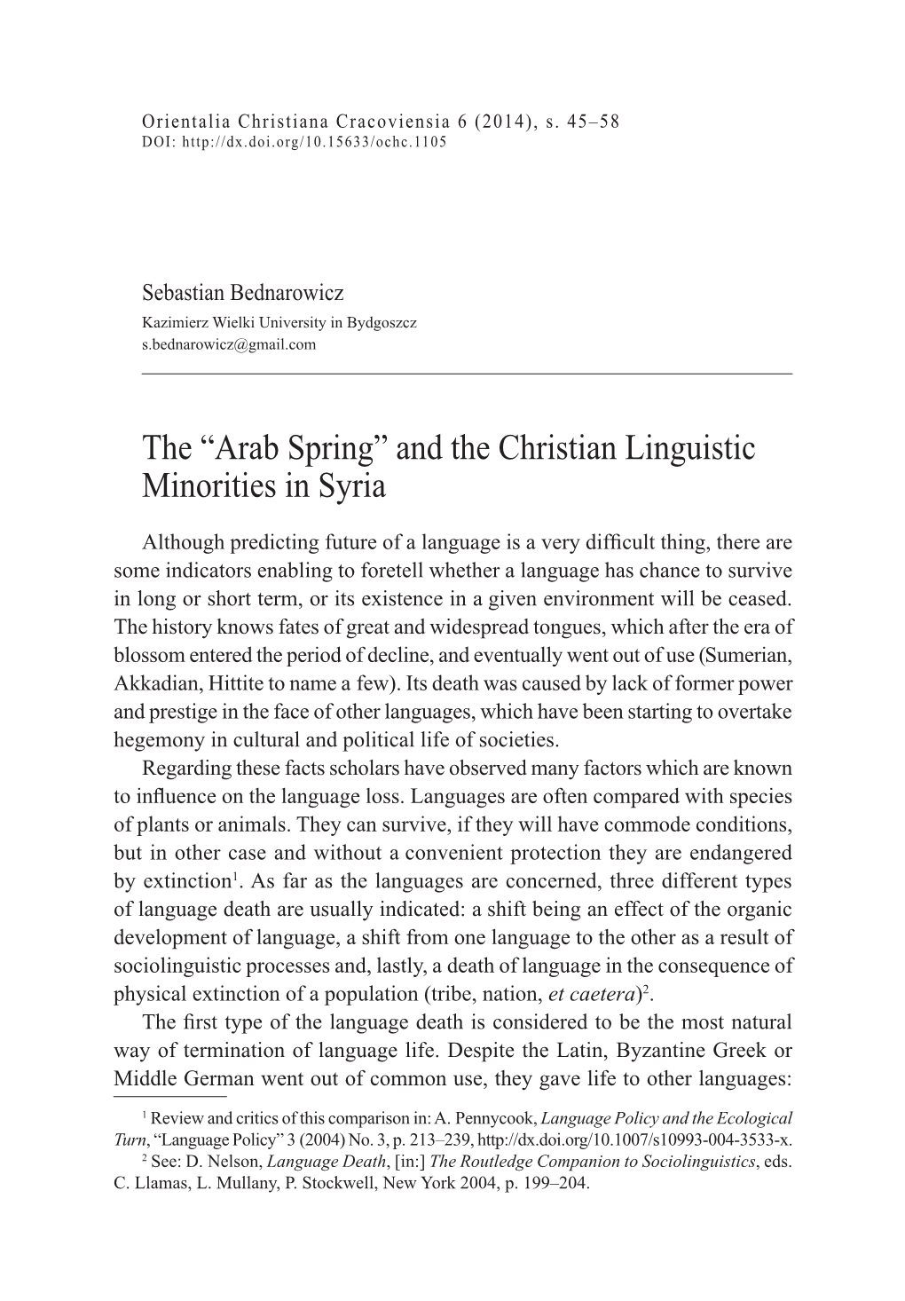 The “Arab Spring” and the Christian Linguistic Minorities in Syria