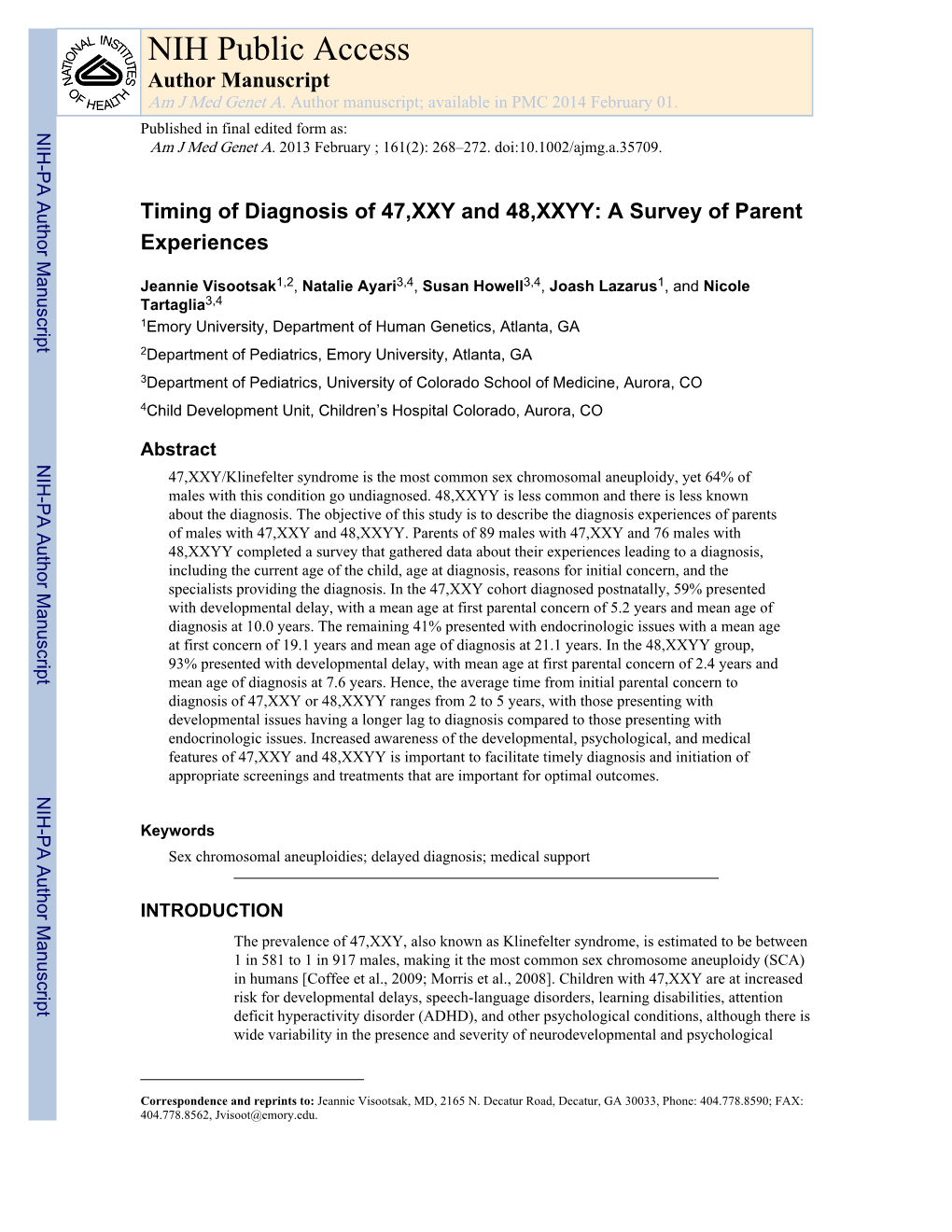 Timing of Diagnosis of 47,XXY and 48,XXYY: a Survey of Parent Experiences