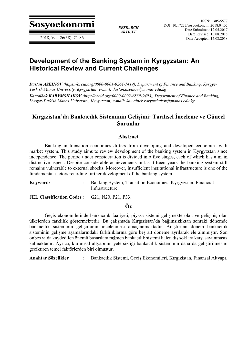 Development of the Banking System in Kyrgyzstan: an Historical Review and Current Challenges