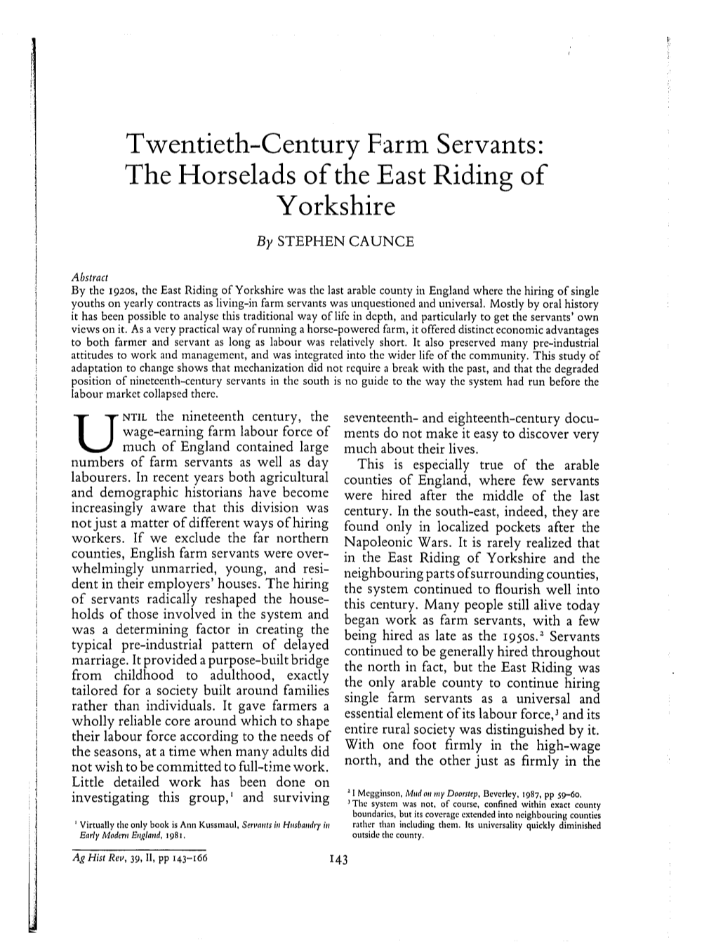 Twentieth-Century Farm Servants: the Horselads of the East Riding of Yorkshire