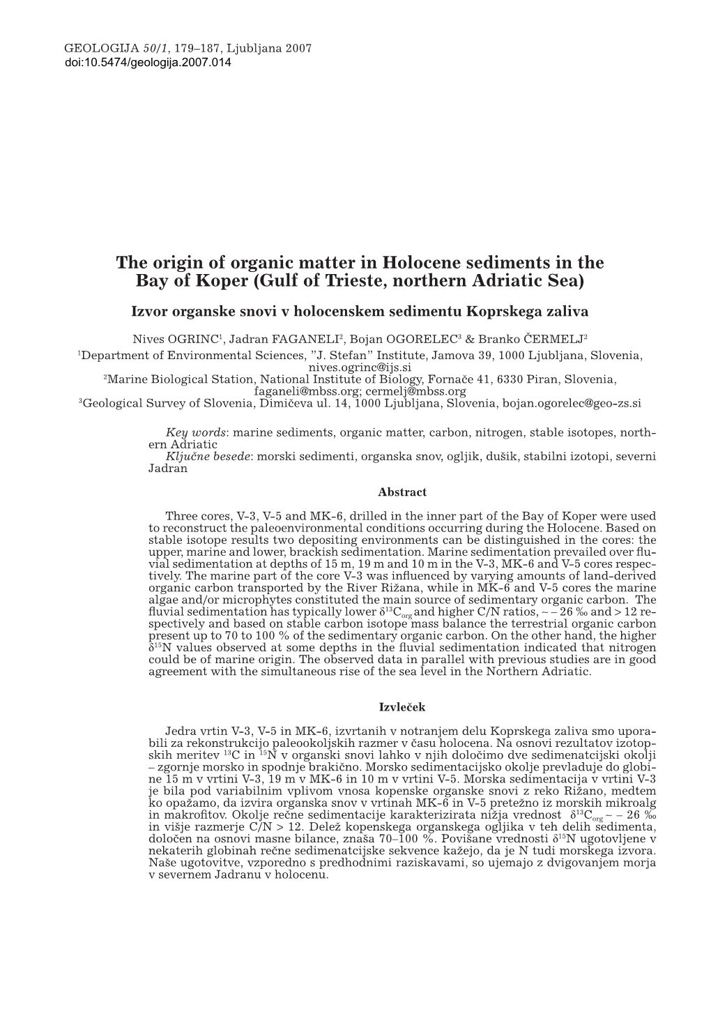 The Origin of Organic Matter in Holocene Sediments in the Bay of Koper (Gulf of Trieste, Northern Adriatic Sea)