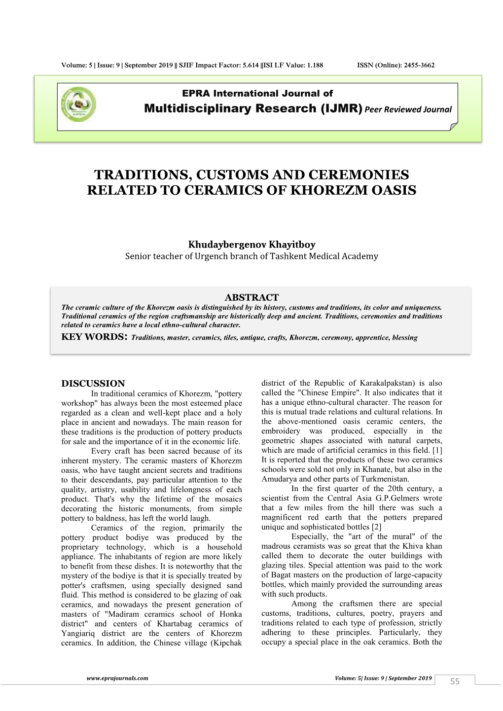 Traditions, Customs and Ceremonies Related to Ceramics of Khorezm Oasis