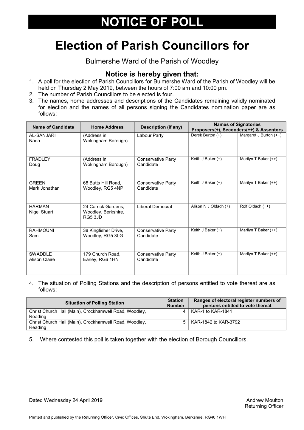 NOTICE of POLL Election of Parish Councillors