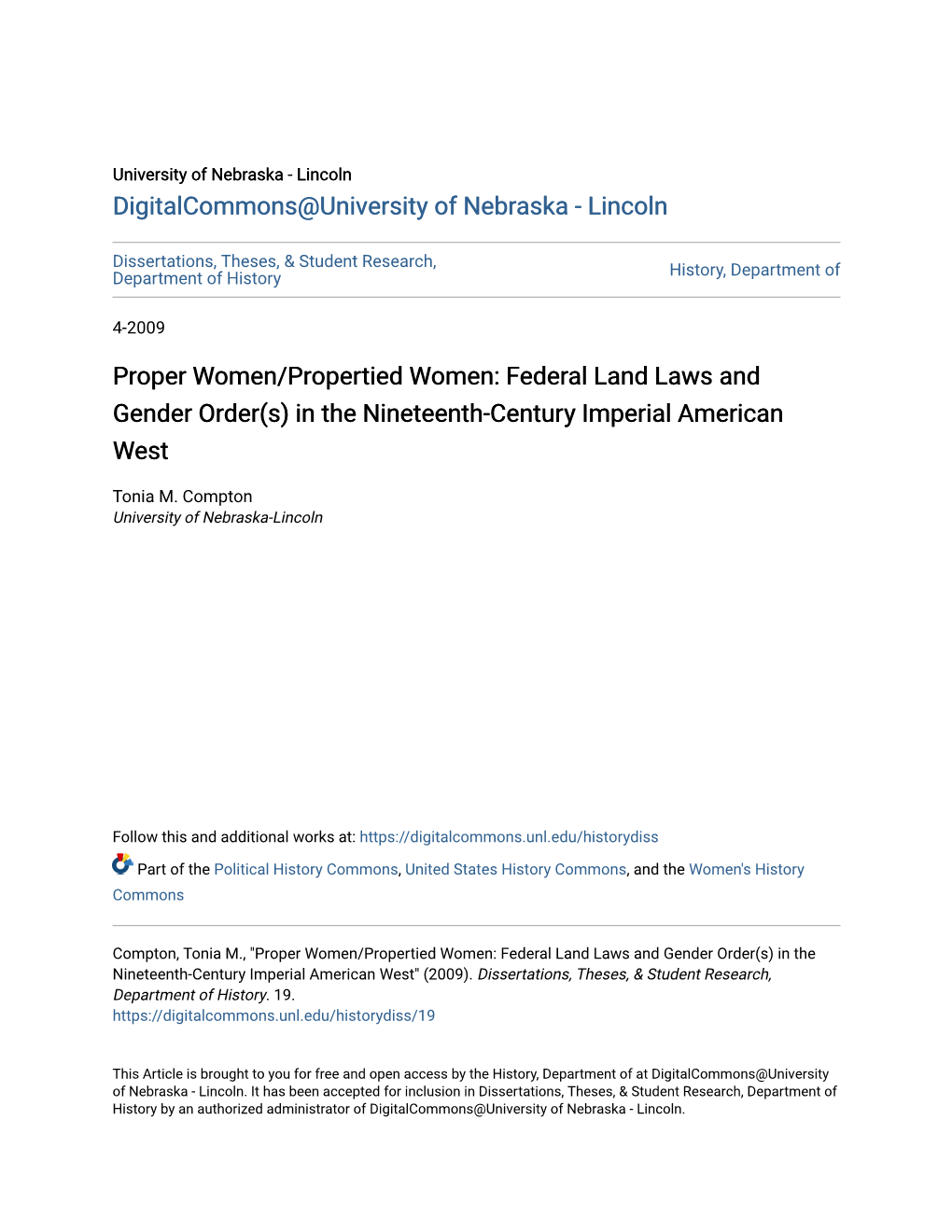 Proper Women/Propertied Women: Federal Land Laws and Gender Order(S) in the Nineteenth-Century Imperial American West