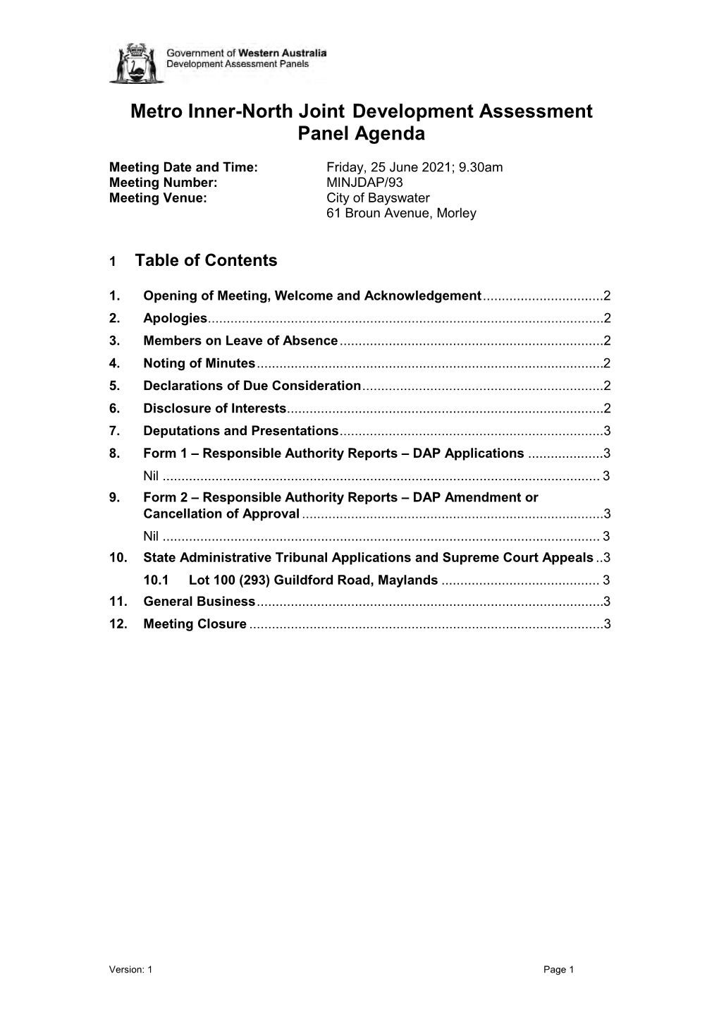Metro Inner-North Joint Development Assessment Panel Agenda