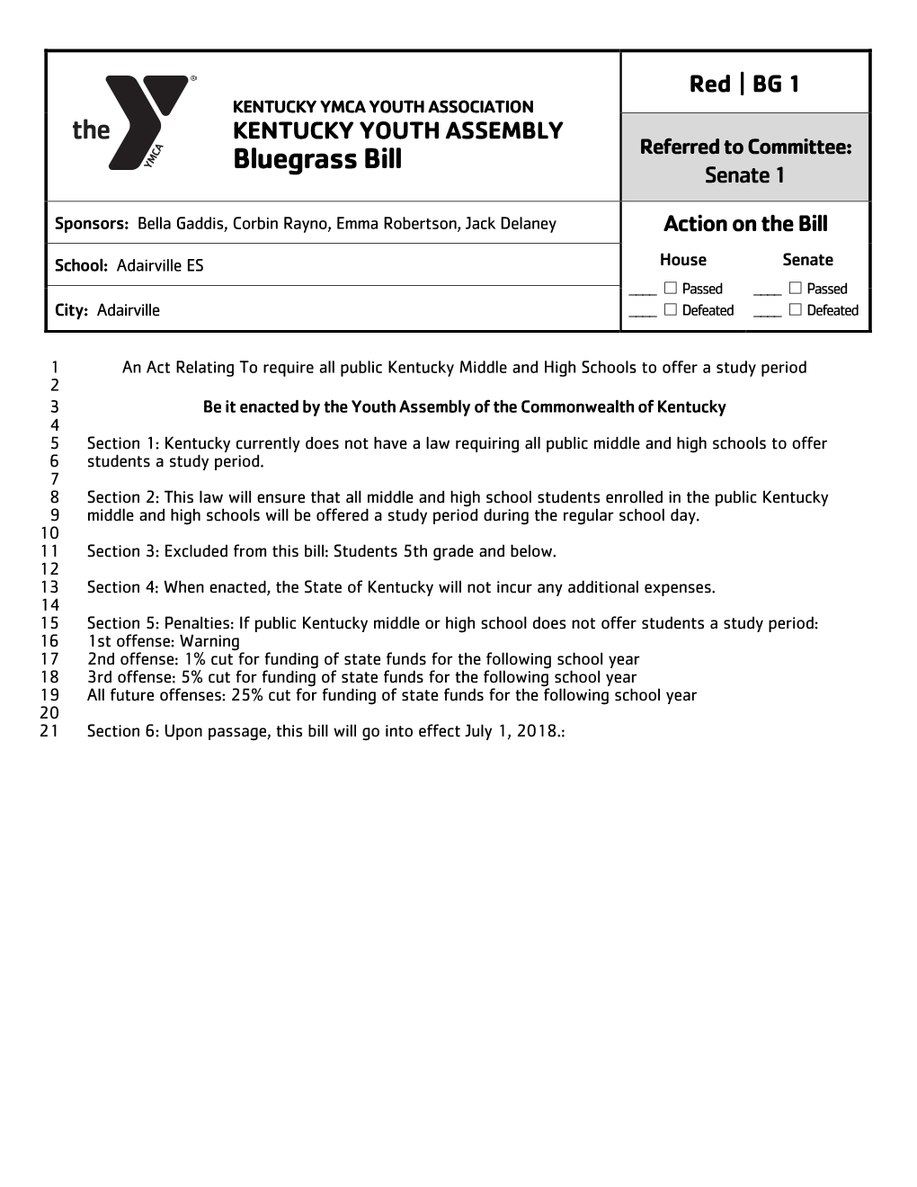 Bluegrass Bill Referred to Committee: Senate 1