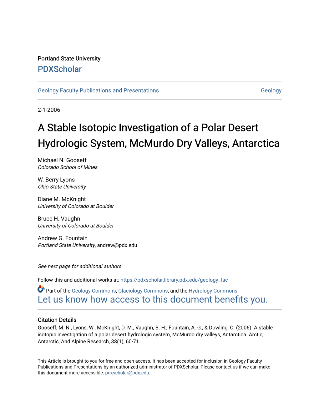 A Stable Isotopic Investigation of a Polar Desert Hydrologic System, Mcmurdo Dry Valleys, Antarctica