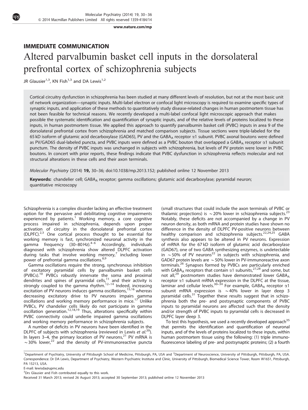 Altered Parvalbumin Basket Cell Inputs in the Dorsolateral Prefrontal Cortex of Schizophrenia Subjects