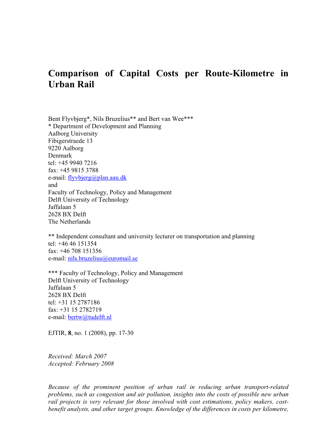 Comparison of Capital Costs Per Route-Kilometre in Urban Rail