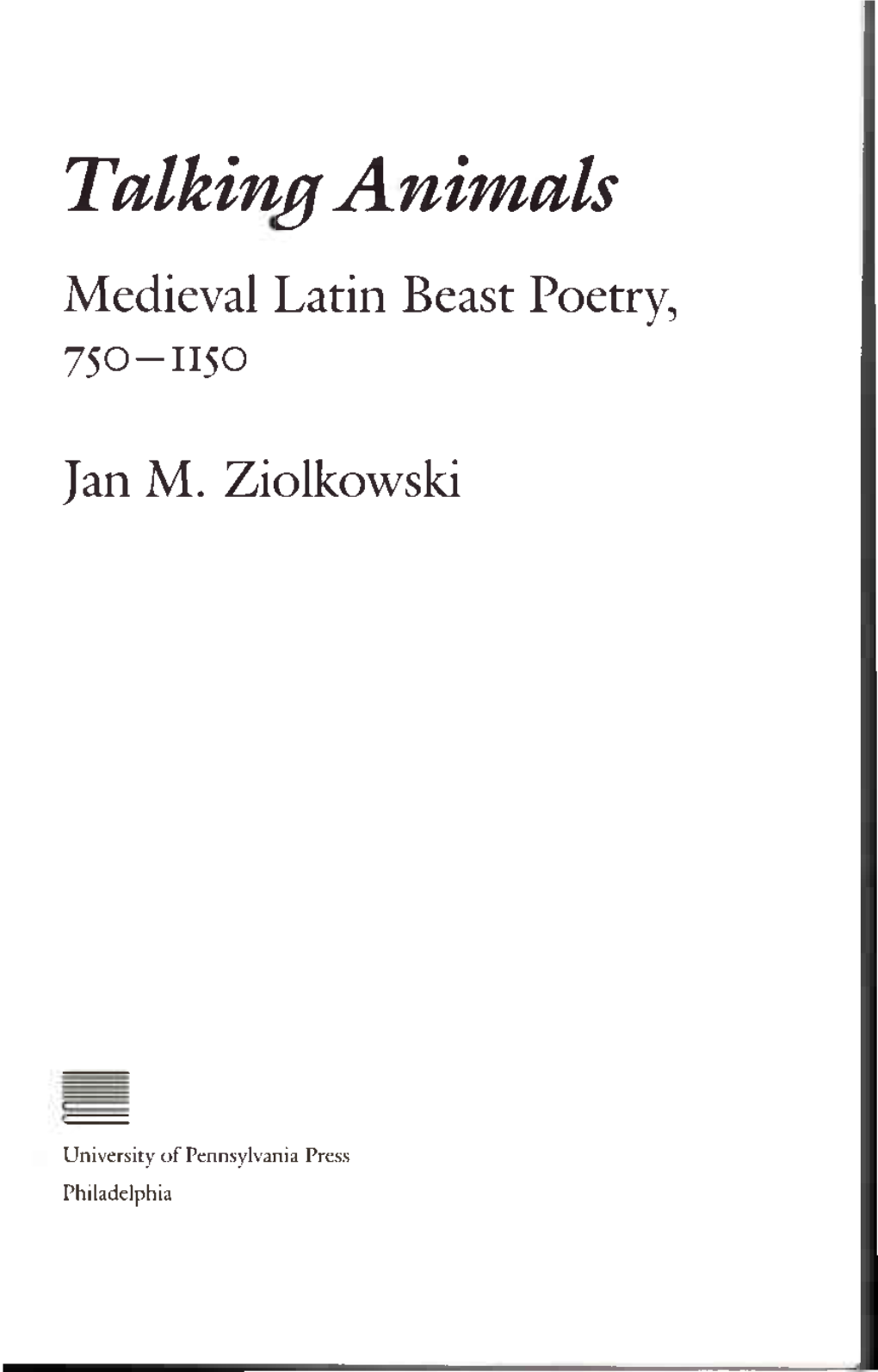 Talking Animals Medieval Latin Beast Poetry, 750-1150