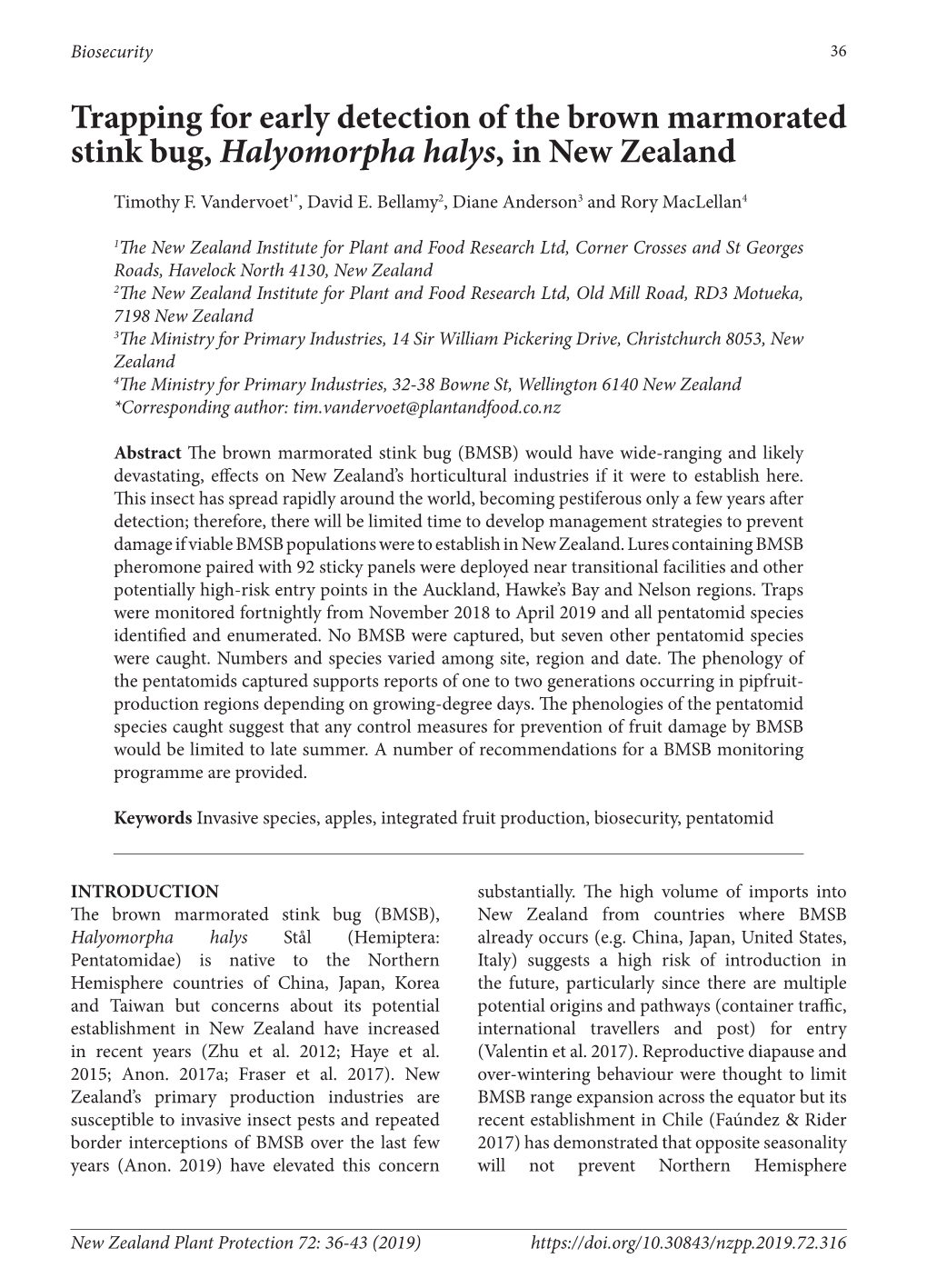 Trapping for Early Detection of the Brown Marmorated Stink Bug, Halyomorpha Halys, in New Zealand