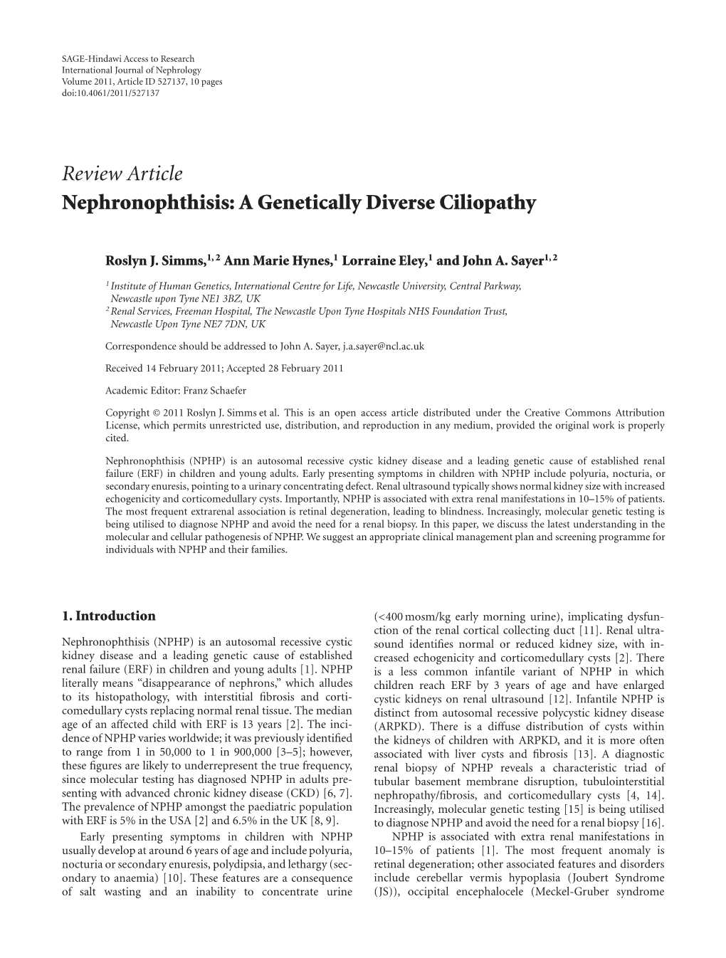 Review Article Nephronophthisis: a Genetically Diverse Ciliopathy