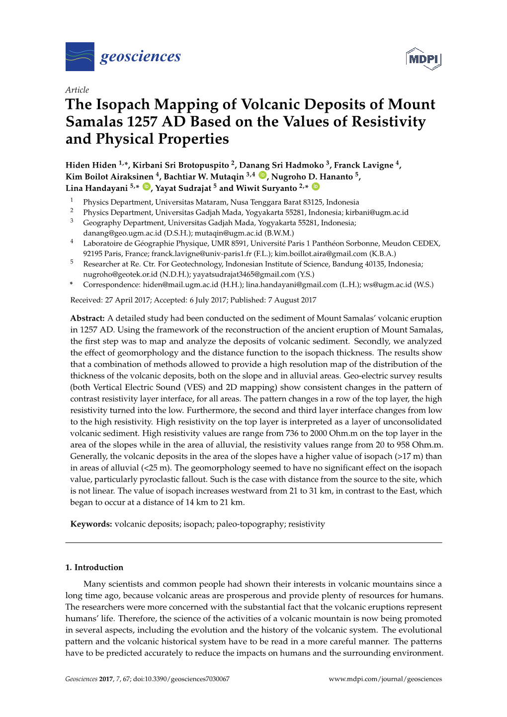 The Isopach Mapping of Volcanic Deposits of Mount Samalas 1257 AD Based on the Values of Resistivity and Physical Properties