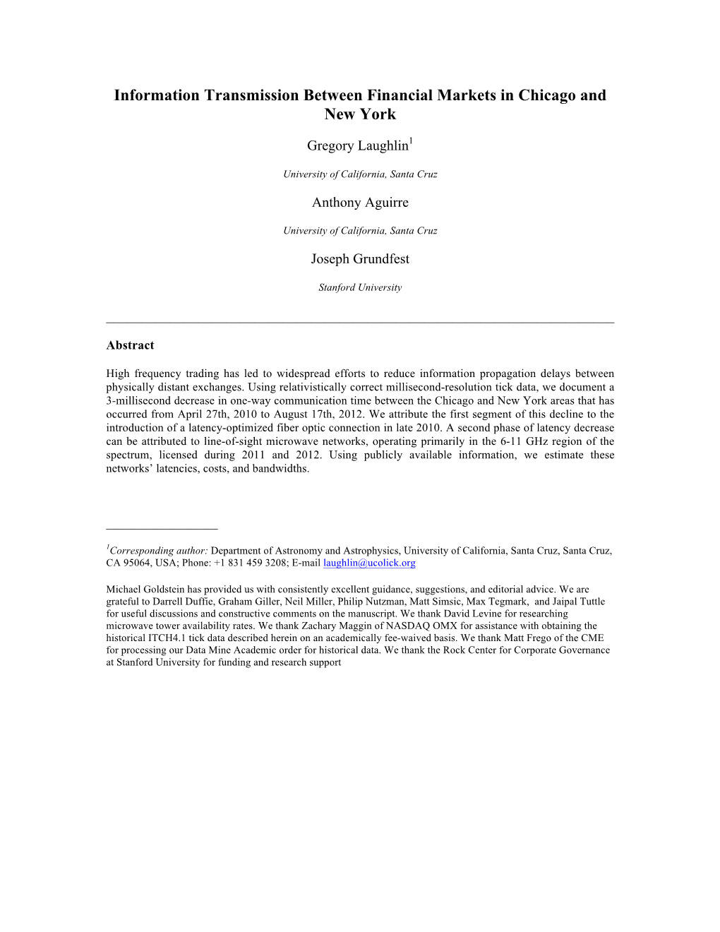 Information Transmission Between Financial Markets in Chicago and New York