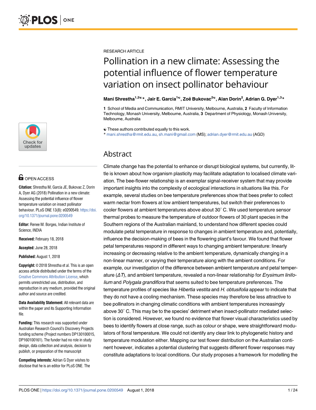 Pollination in a New Climate: Assessing the Potential Influence of Flower Temperature Variation on Insect Pollinator Behaviour