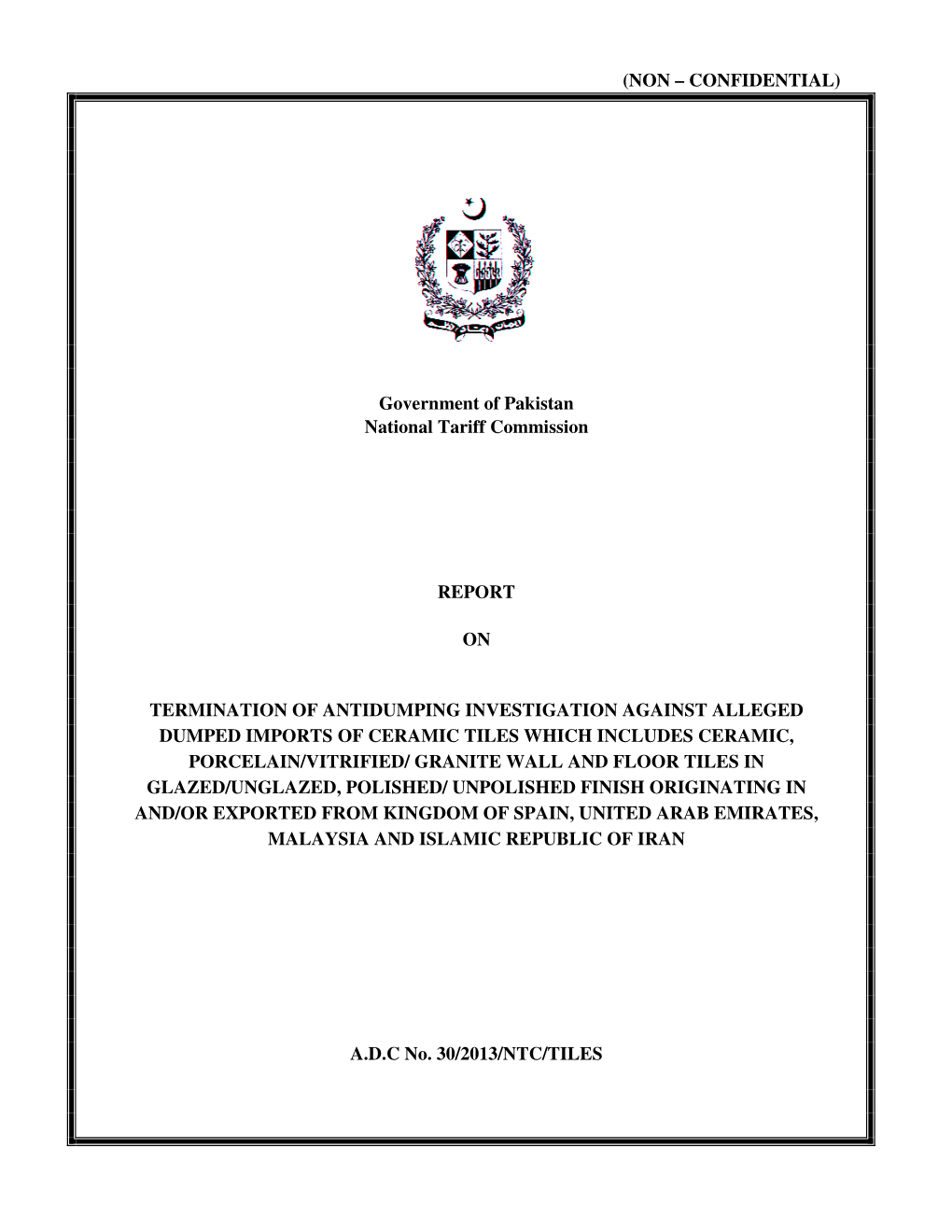 (NON – CONFIDENTIAL) Government of Pakistan National Tariff