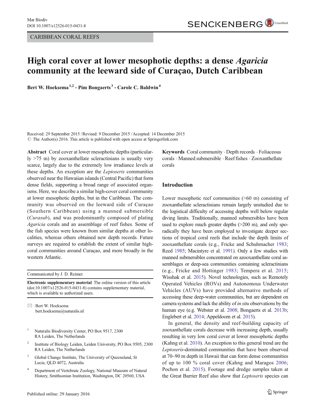 High Coral Cover at Lower Mesophotic Depths: a Dense Agaricia Community at the Leeward Side of Curaçao, Dutch Caribbean