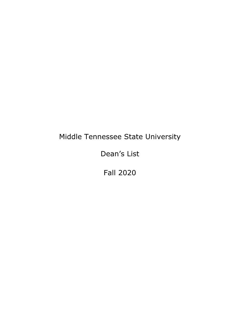 Middle Tennessee State University Dean's List Fall 2020