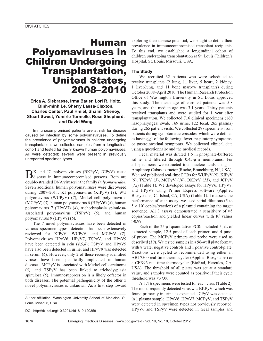 Human Polyomaviruses in Children Undergoing Transplantation, United