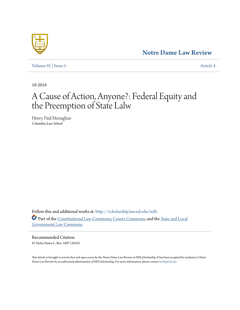 A Cause of Action, Anyone?: Federal Equity and the Preemption of State Lalw Henry Paul Monaghan Columbia Law School