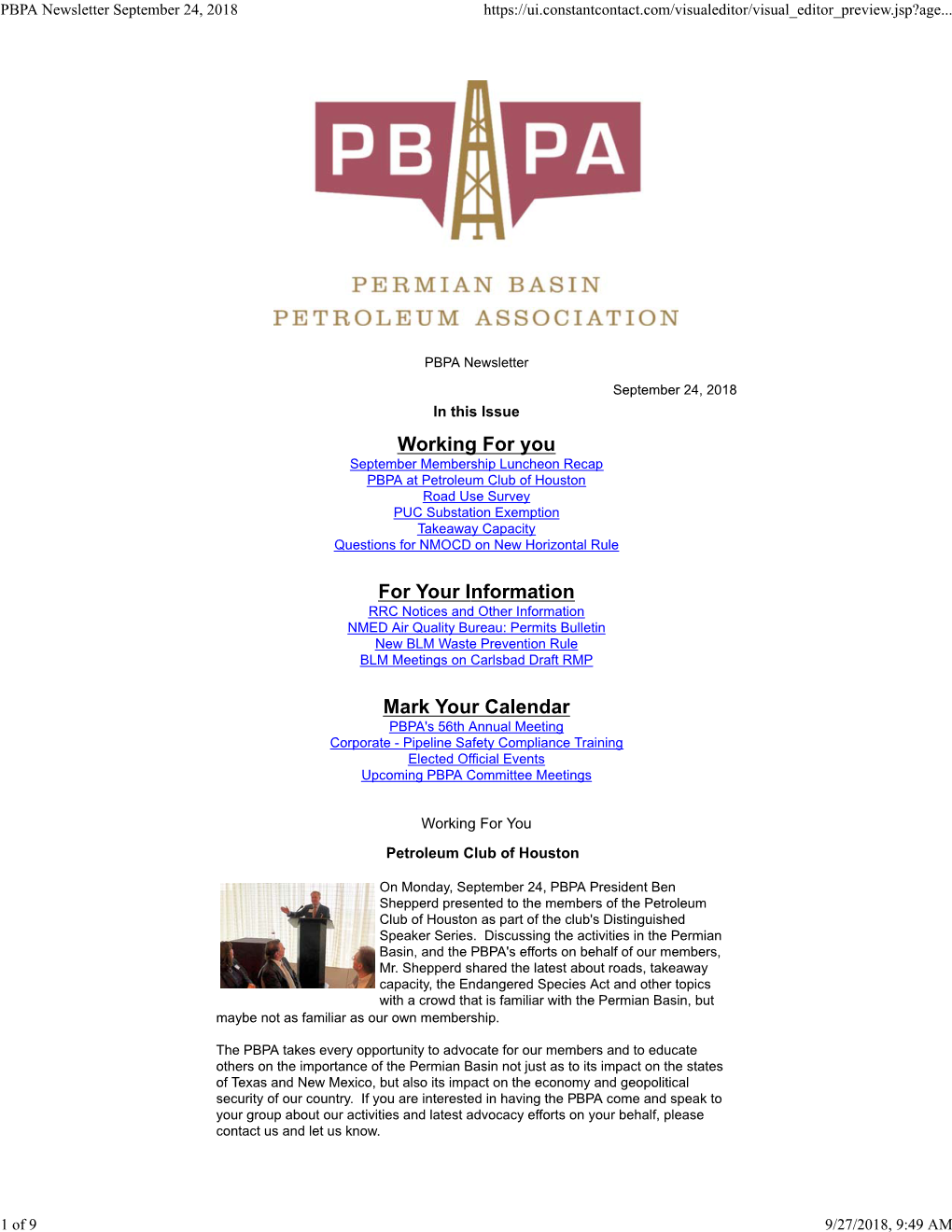 PBPA Newsletter September 24, 2018