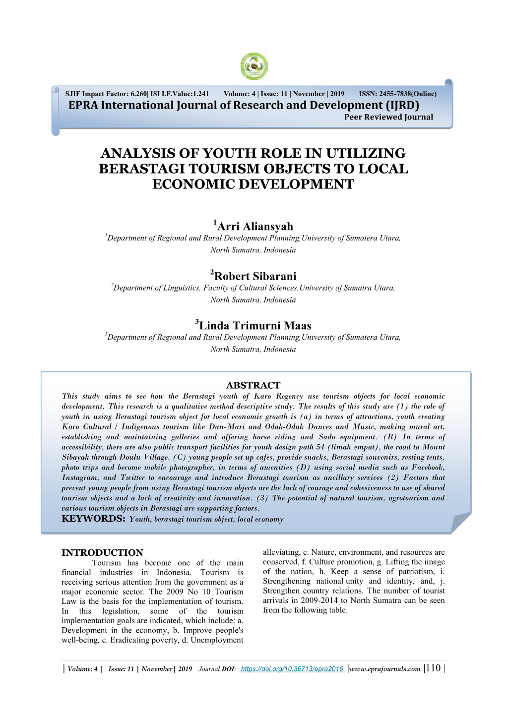Analysis of Youth Role in Utilizing Berastagi Tourism Objects to Local Economic Development