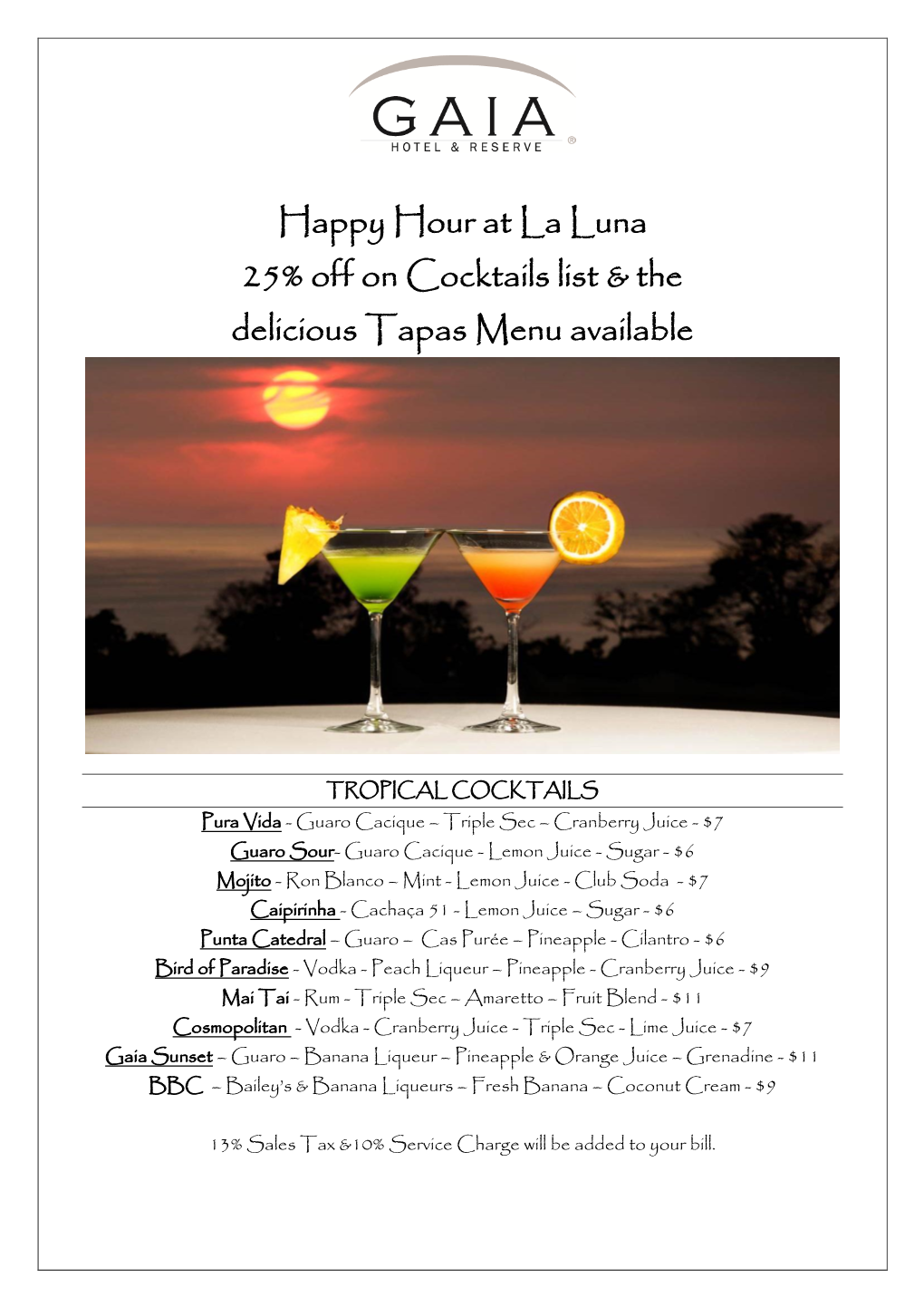 Happy Hour “2 for 1” Cocktail Menu