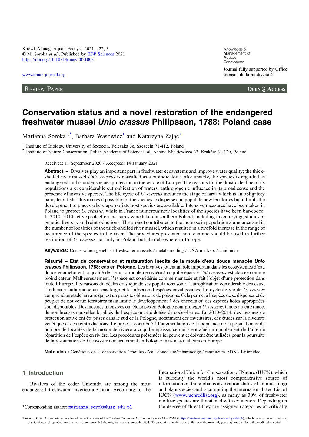 Conservation Status and a Novel Restoration of the Endangered Freshwater Mussel Unio Crassus Philipsson, 1788: Poland Case