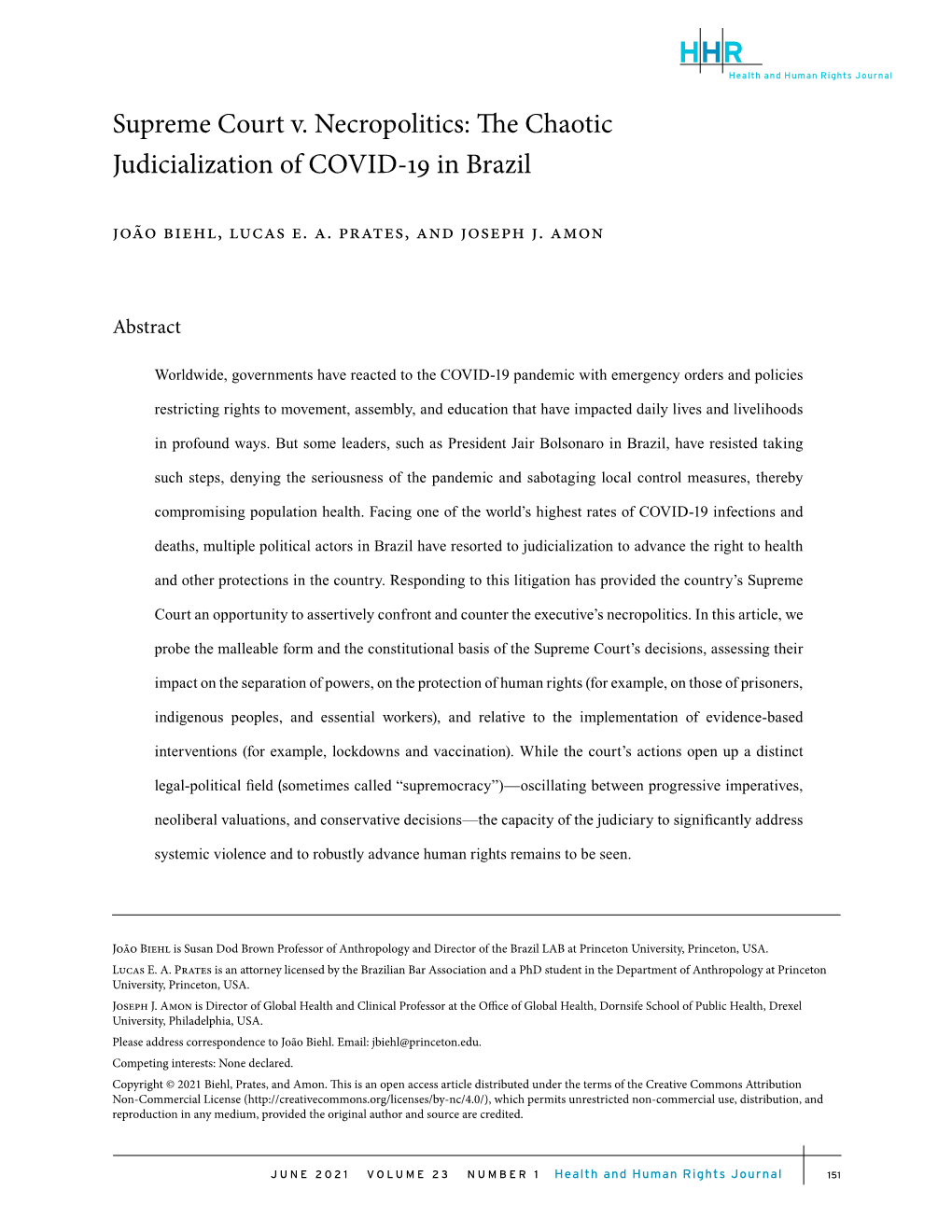 Supreme Court V. Necropolitics: the Chaotic Judicialization of COVID-19 in Brazil