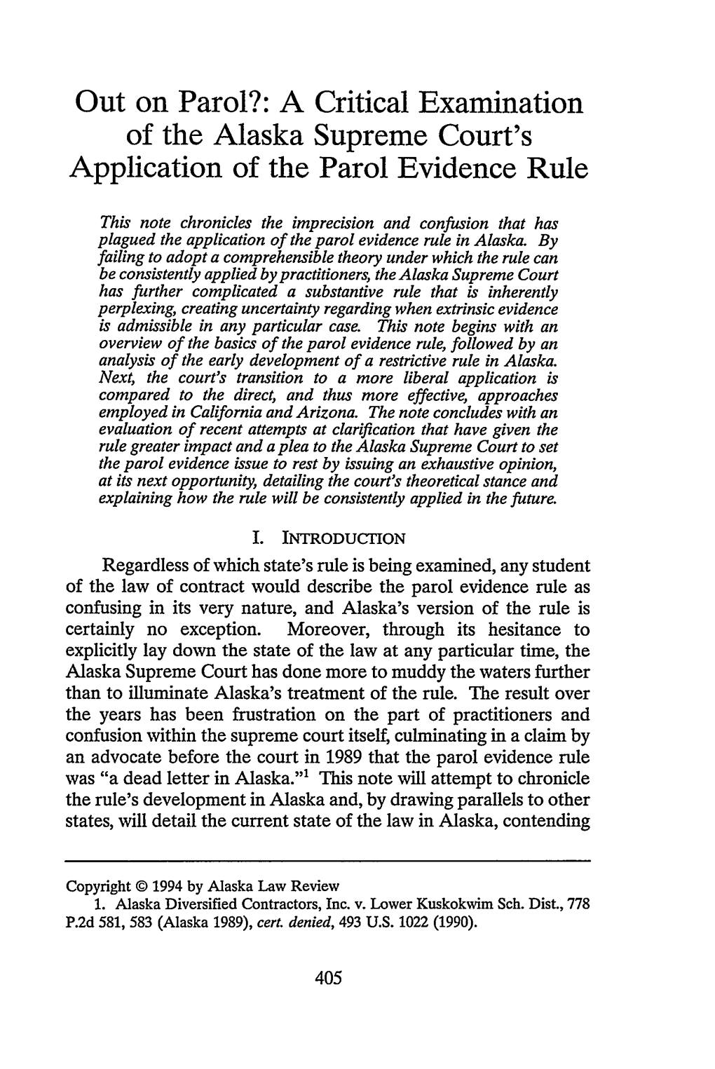 A Critical Examination of the Alaska Supreme Court's Application of the Parol Evidence Rule