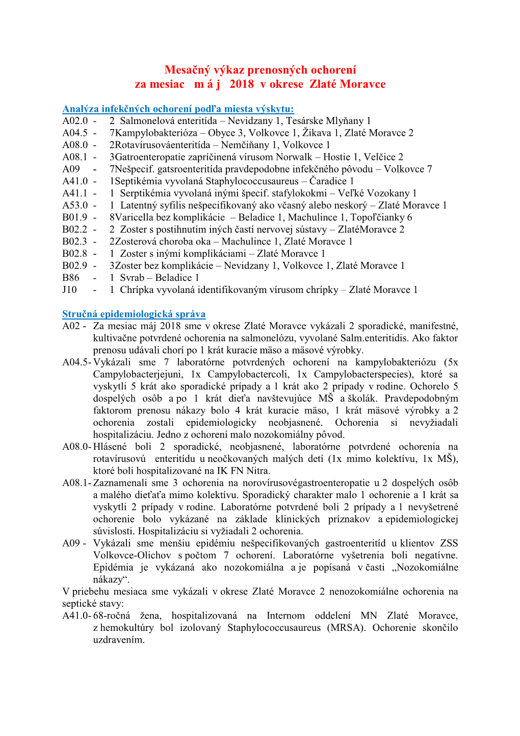 Mesačný Výkaz Prenosných Ochorení Za Mesiac M Á J 2018 V Okrese Zlaté Moravce