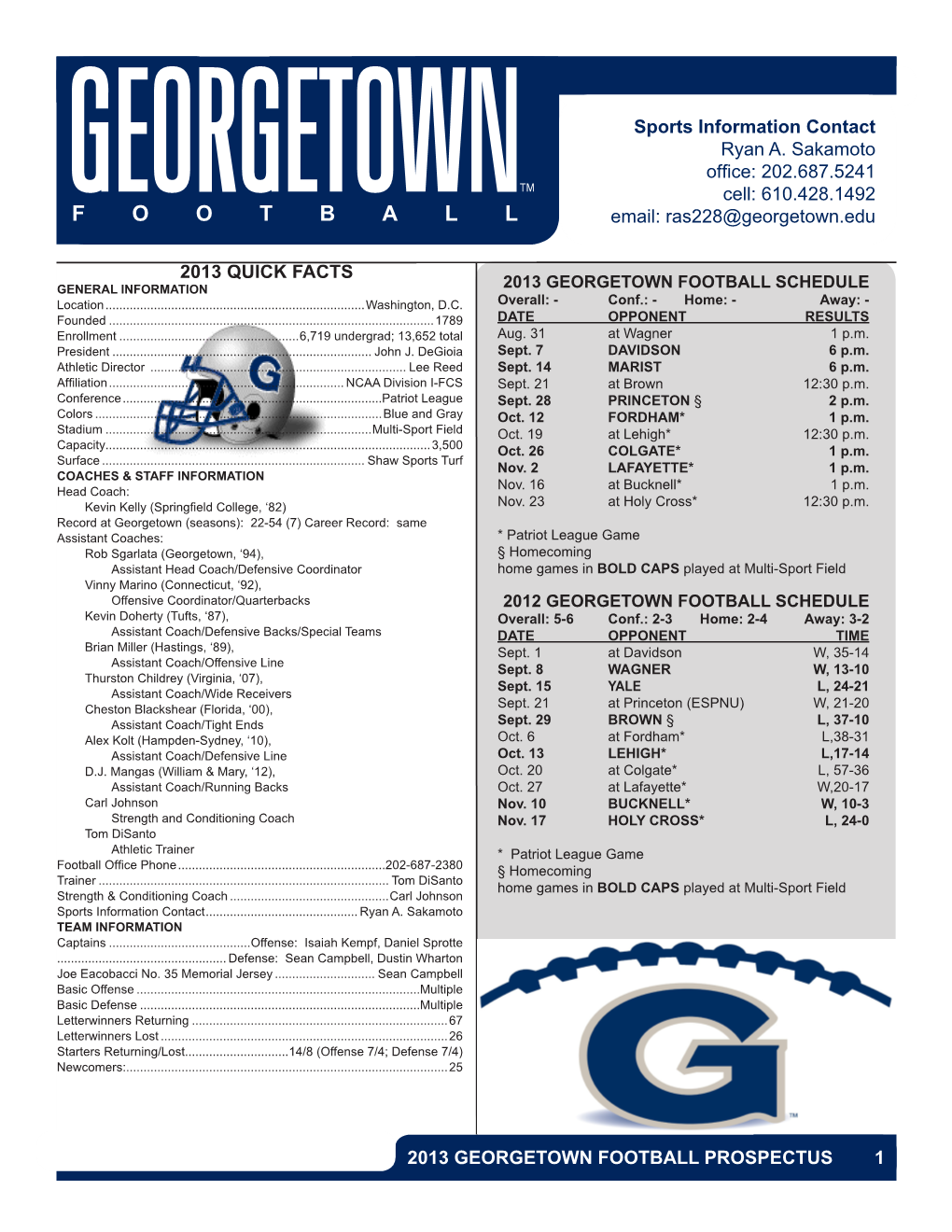 2013 GEORGETOWN FOOTBALL SCHEDULE Location