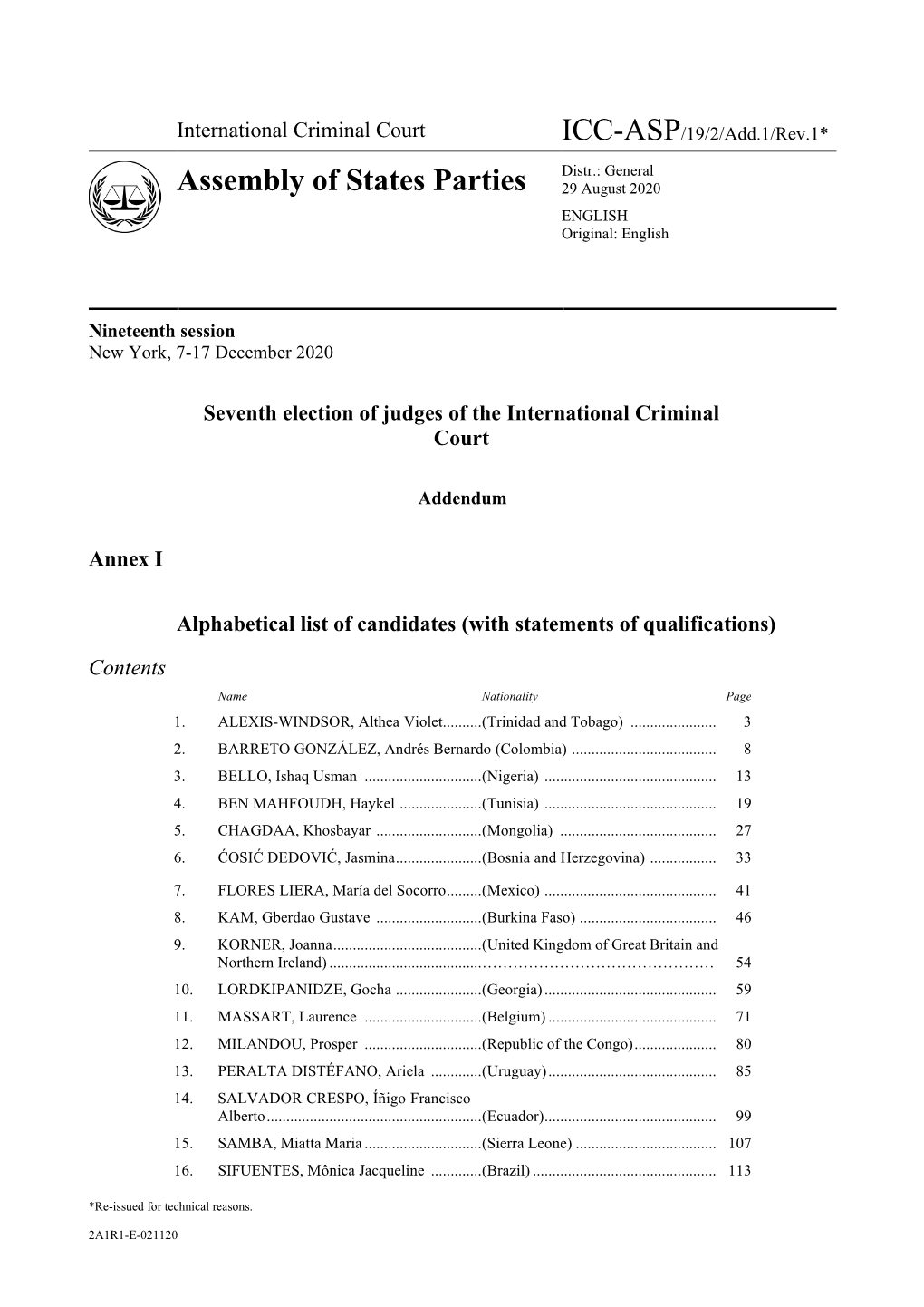 Assembly of States Parties Distr.: General