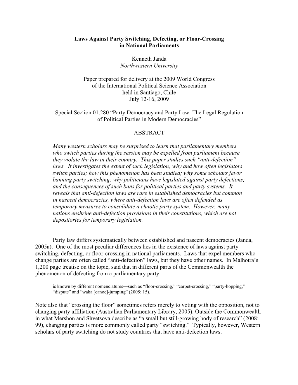 Laws Against Party Switching, Defecting, Or Floor-Crossing in National Parliaments