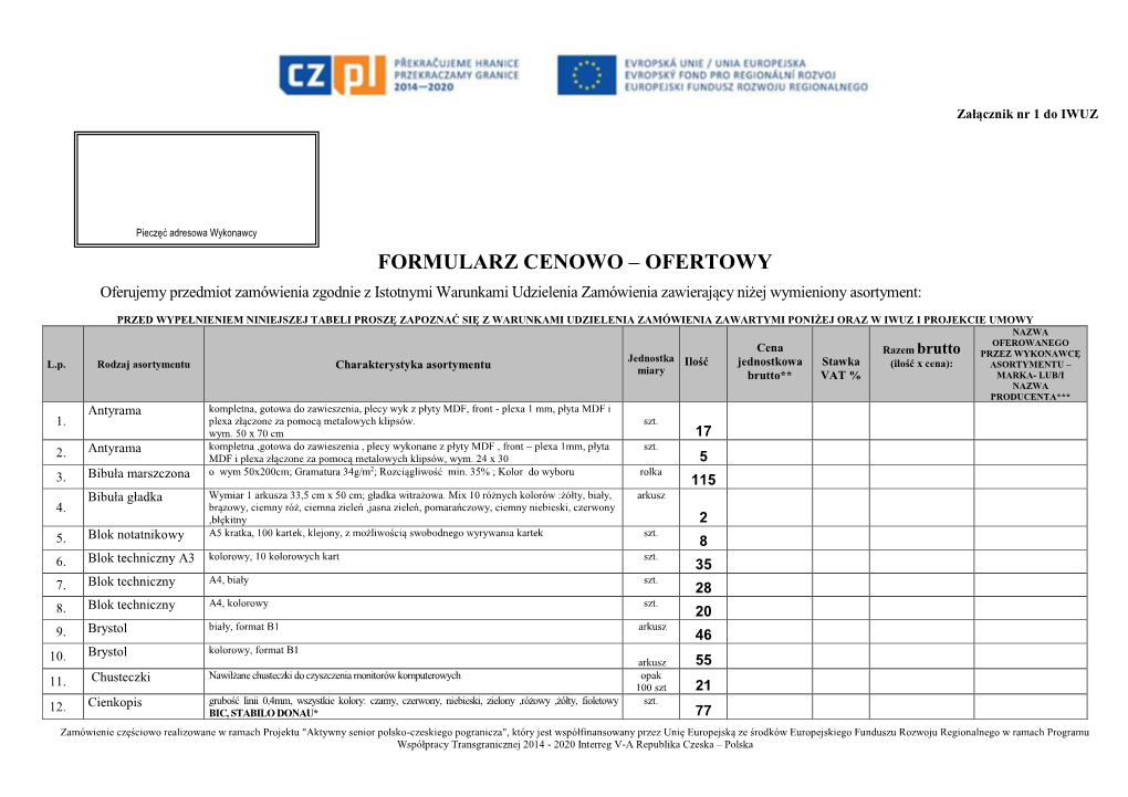 Formularz Cenowo – Ofertowy