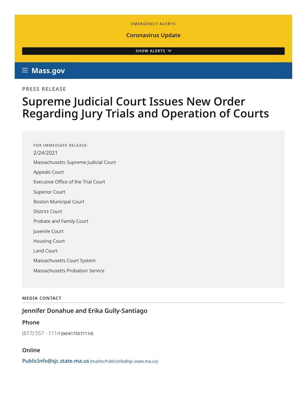 Supreme Judicial Court Issues New Order Regarding Jury Trials and Operation of Courts